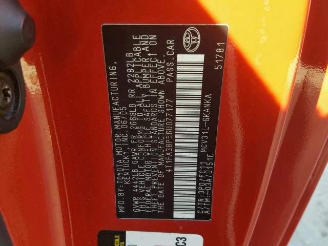 4T1FA38P56U077177 - 2006 TOYOTA CAMRY SOLA RED photo 10