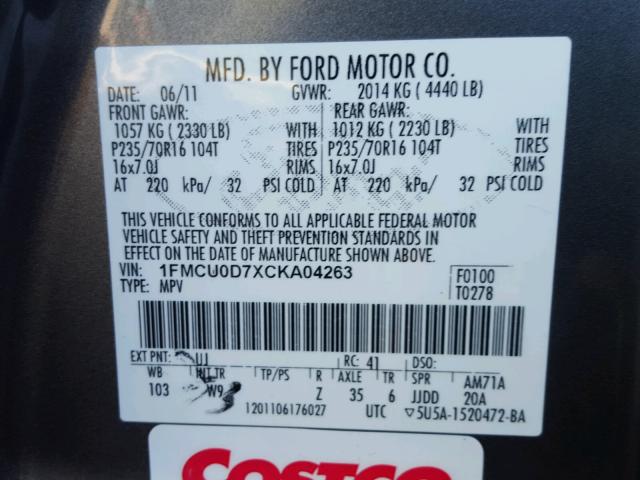 1FMCU0D7XCKA04263 - 2012 FORD ESCAPE XLT GRAY photo 10