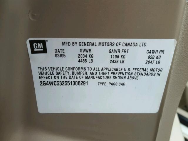 2G4WC532551306291 - 2005 BUICK LACROSSE C GOLD photo 10