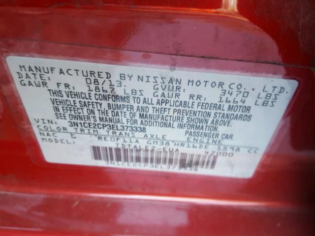 3N1CE2CP3EL373338 - 2014 NISSAN VERSA NOTE RED photo 10