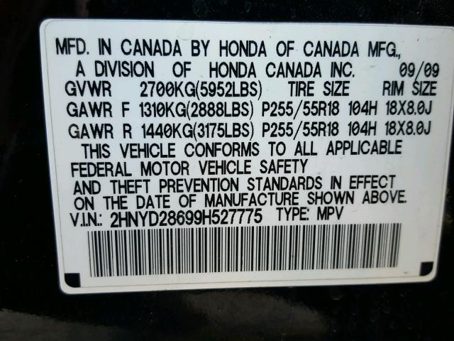 2HNYD28699H527775 - 2009 ACURA MDX TECHNO Սև լուսանկար 10