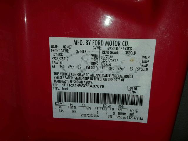 1FTRX14W37FA87679 - 2007 FORD F150 RED photo 10