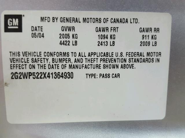 2G2WP522X41364930 - 2004 PONTIAC GRAND PRIX Күміс фото 10