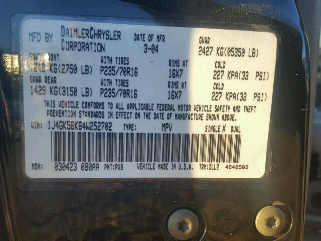 1J4GK58K64W252702 - 2004 JEEP LIBERTY LI BLACK photo 10