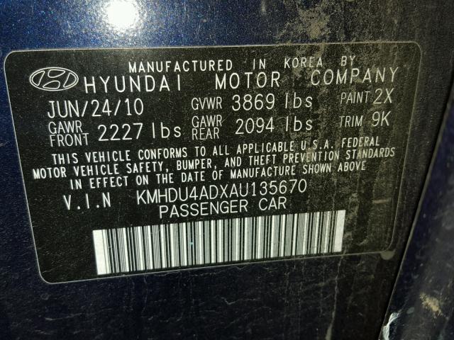 KMHDU4ADXAU135670 - 2010 HYUNDAI ELANTRA BL BLUE photo 10