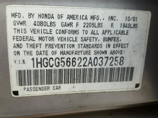 1HGCG56622A037258 - 2002 HONDA ACCORD EX SILVER photo 10