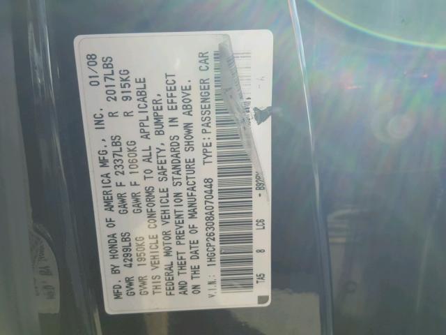 1HGCP26308A070448 - 2008 HONDA ACCORD LX BLACK photo 10