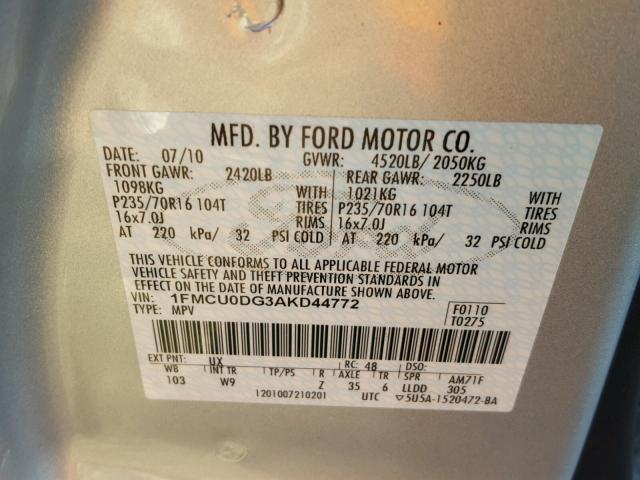 1FMCU0DG3AKD44772 - 2010 FORD ESCAPE XLT SILVER photo 10