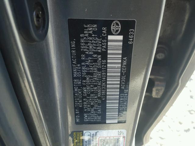 4T1BE32K14U911216 - 2004 TOYOTA CAMRY LE 灰色 照片 10