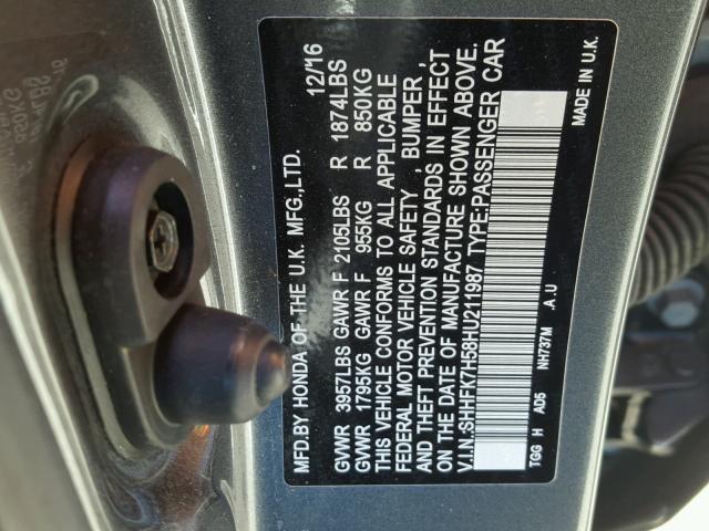 SHHFK7H58HU211987 - 2017 HONDA CIVIC EX 灰色 照片 10