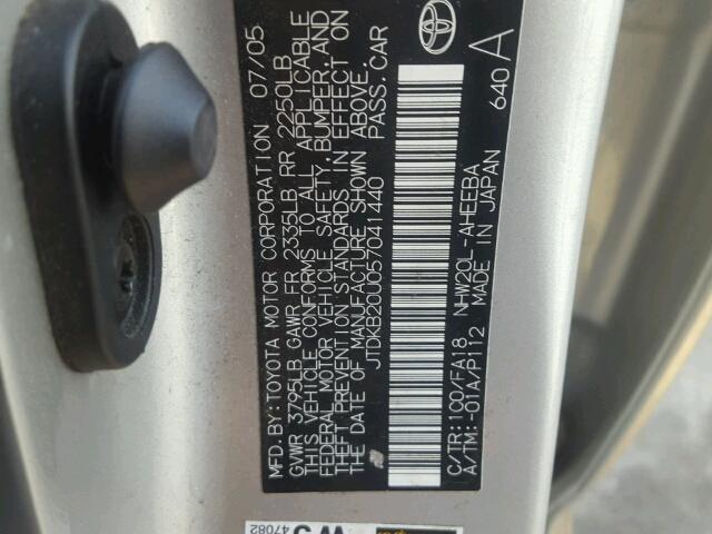 JTDKB20U057041440 - 2005 TOYOTA PRIUS SILVER photo 10