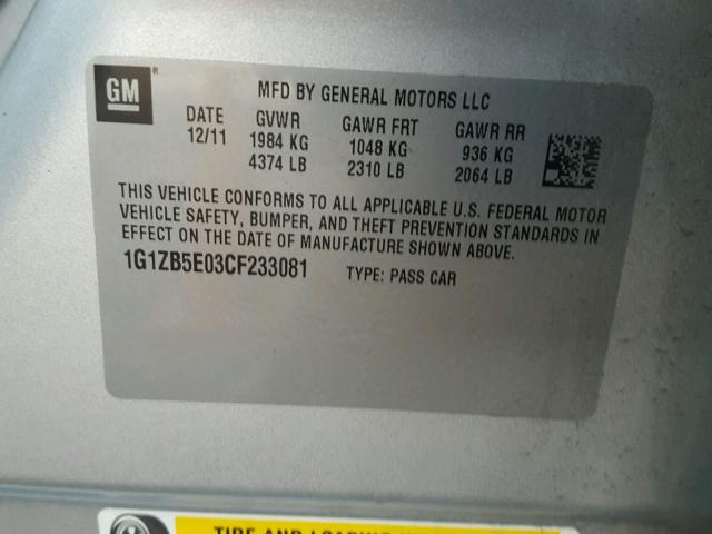 1G1ZB5E03CF233081 - 2012 CHEVROLET MALIBU LS SILVER photo 10