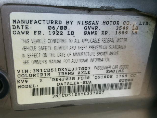 3N1CB51DXYL337007 - 2000 NISSAN SENTRA BAS BEIGE photo 10