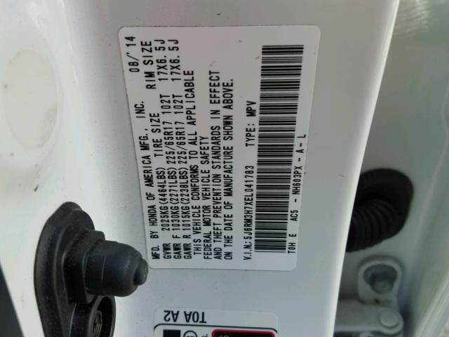 5J6RM3H7XEL041783 - 2014 HONDA CR-V EXL WHITE photo 10