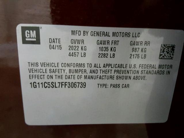 1G11C5SL7FF306739 - 2015 CHEVROLET MALIBU 1LT BURGUNDY photo 10