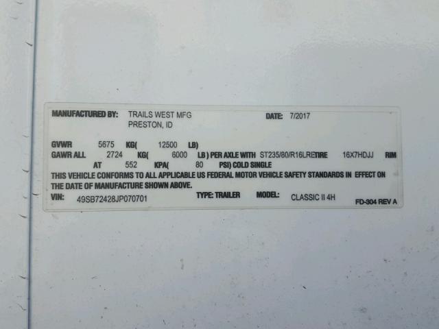 49SB72428JP070701 - 2018 UTILITY TRAILER WHITE photo 10