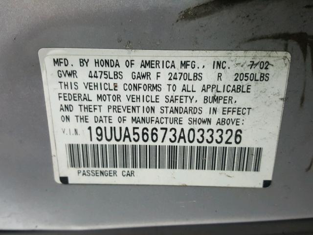 19UUA56673A033326 - 2003 ACURA 3.2TL SILVER photo 10