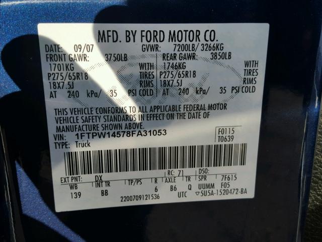 1FTPW14578FA31053 - 2008 FORD F150 SUPER BLUE photo 10