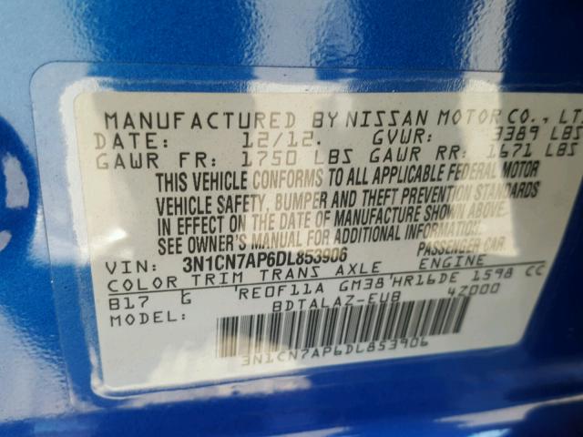 3N1CN7AP6DL853906 - 2013 NISSAN VERSA S BLUE photo 10