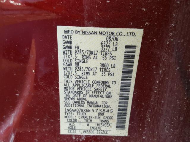 1N6AA07BX6N573845 - 2006 NISSAN TITAN XE MAROON photo 10