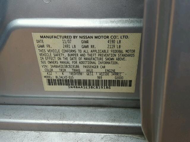 1N4BA41E38C819186 - 2008 NISSAN MAXIMA SE SILVER photo 10