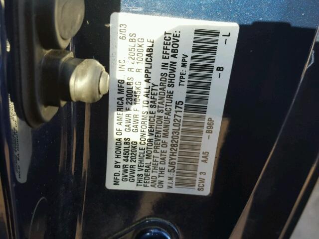 5J6YH28203L027175 - 2003 HONDA ELEMENT DX BLUE photo 10