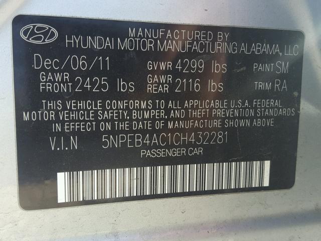 5NPEB4AC1CH432281 - 2012 HYUNDAI SONATA GLS SILVER photo 10