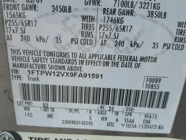 1FTPW12VX9FA91591 - 2009 FORD F150 SUPER GRAY photo 10