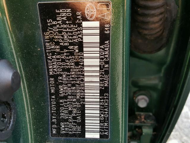 2T1BPRHE3FC374030 - 2015 TOYOTA COROLLA EC 绿色 照片 10