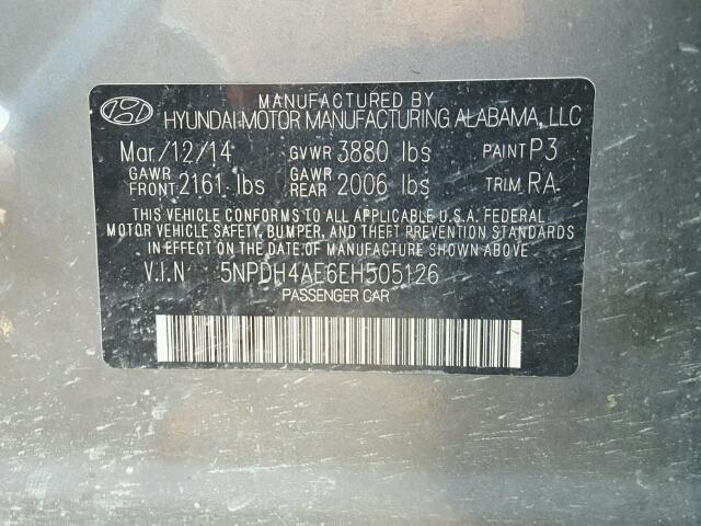 5NPDH4AE6EH505126 - 2014 HYUNDAI ELANTRA SE GRAY photo 10