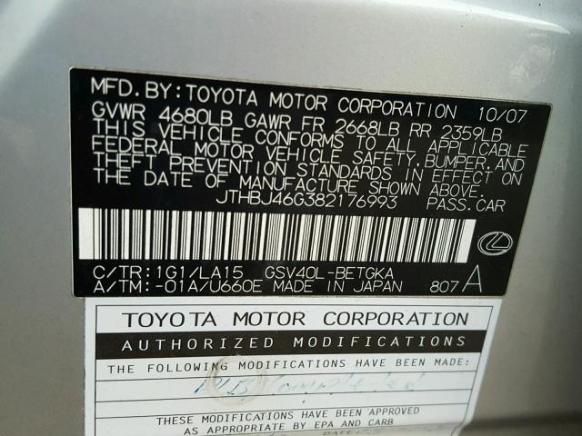 JTHBJ46G382176993 - 2008 LEXUS ES 350 SILVER photo 10