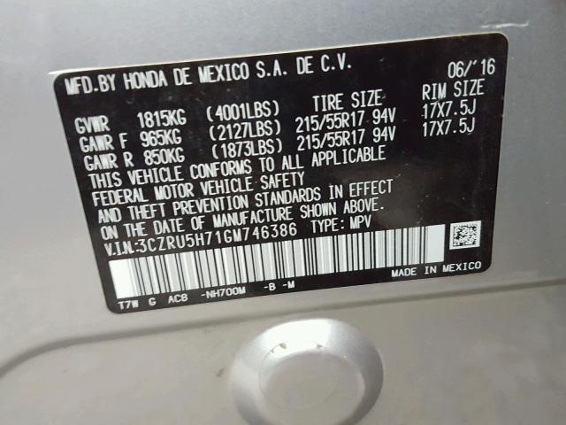 3CZRU5H71GM746386 - 2016 HONDA HR-V EXL SILVER photo 10