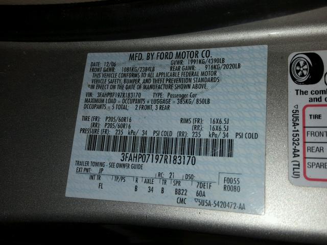 3FAHP07197R183170 - 2007 FORD FUSION SE SILVER photo 10