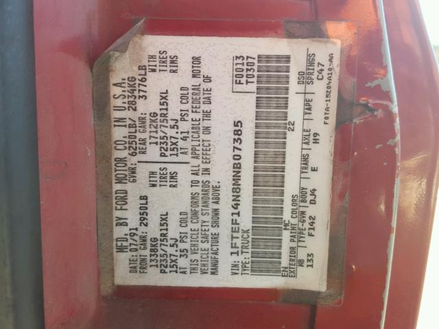 1FTEF14N8MNB07385 - 1991 FORD F150 RED photo 10