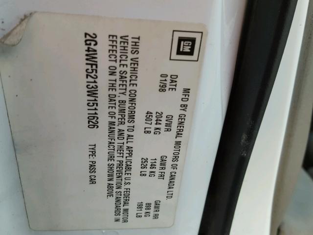 2G4WF5213W1511626 - 1998 BUICK REGAL GS 白色 照片 10