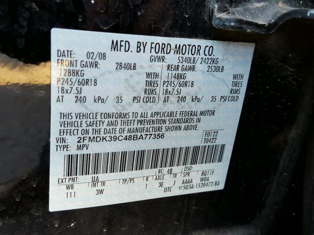 2FMDK39C48BA77356 - 2008 FORD EDGE LIMIT BLACK photo 10