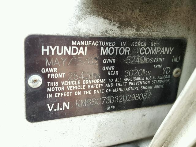 KM8SC73D32U298087 - 2002 HYUNDAI SANTA FE G WHITE photo 10