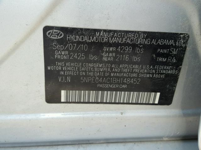 5NPEC4AC1BH148452 - 2011 HYUNDAI SONATA SE SILVER photo 10