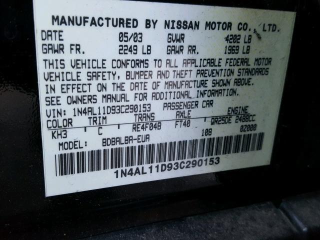 1N4AL11D93C290153 - 2003 NISSAN ALTIMA BAS BLACK photo 10