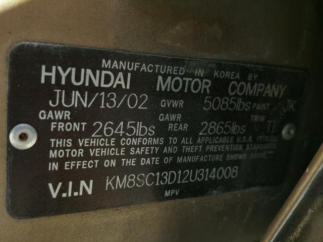 KM8SC13D12U314008 - 2002 HYUNDAI SANTA FE G GOLD photo 10