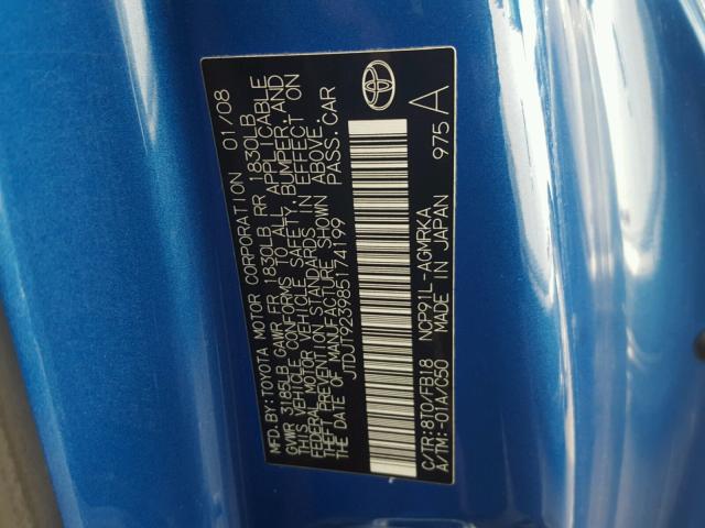 JTDJT923985174199 - 2008 TOYOTA YARIS BLUE photo 10