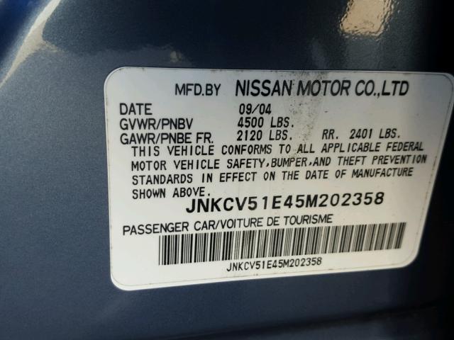 JNKCV51E45M202358 - 2005 INFINITI G35 BLUE photo 10