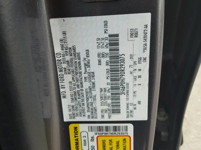 3FA6P0H79DR293075 - 2013 FORD FUSION SE CHARCOAL photo 10