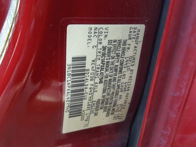 3N1BC1APXAL427940 - 2010 NISSAN VERSA S RED photo 10