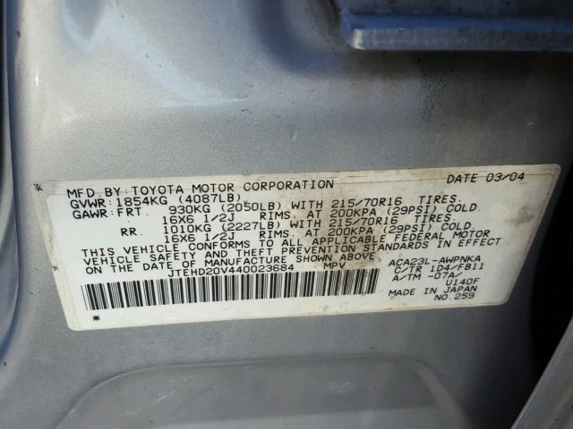 JTEHD20V440023684 - 2004 TOYOTA RAV4 SILVER photo 10