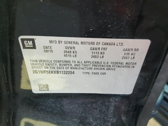 2G1WF5EKXB1132294 - 2011 CHEVROLET IMPALA LS BLACK photo 10