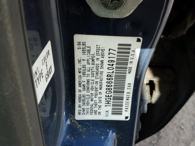 1HGEG8666RL049177 - 1994 HONDA CIVIC LX BLUE photo 10