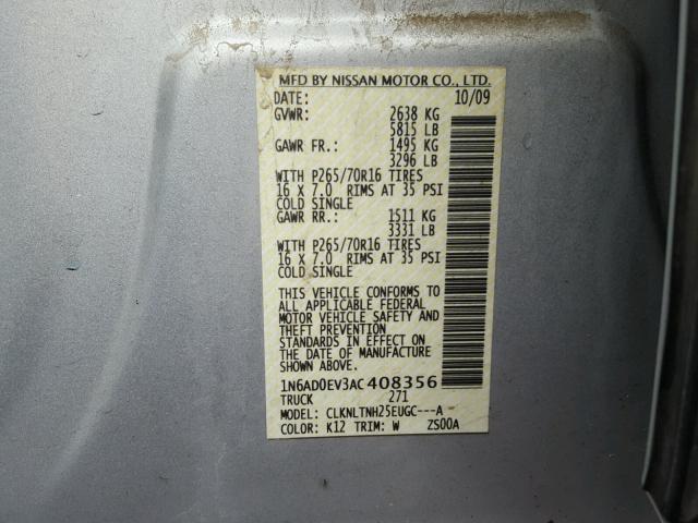 1N6AD0EV3AC408356 - 2010 NISSAN FRONTIER C SILVER photo 10