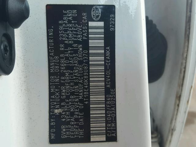 4T1BE46K89U871370 - 2009 TOYOTA CAMRY BASE თეთრი ფოტო 10