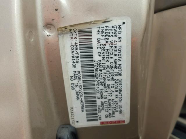 JT2BG22K2Y0409118 - 2000 TOYOTA CAMRY CE GOLD photo 10